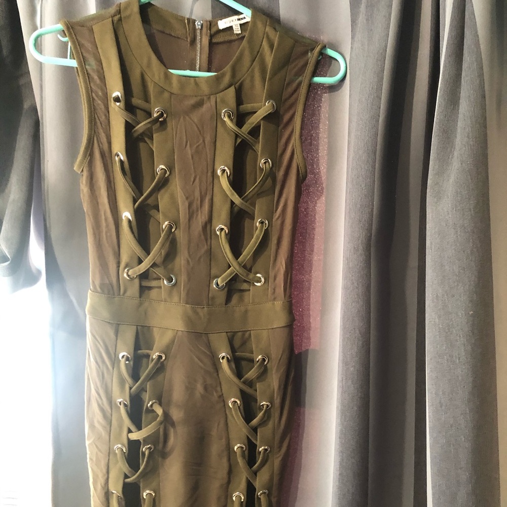 Bodycon mesh back army green dress